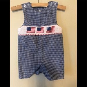 🍁 3/$20 American Flag Smocked Jumper Romper 9 m